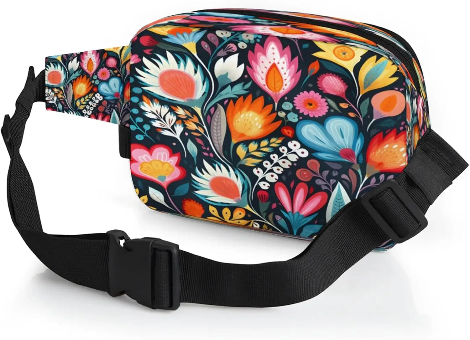 Floral Fiesta Waterproof Unisex Square Fanny Pack, Adjustable Waist Bag with Pockets, Sturdy Lightweight Crossbody Bag for Travel, Running, Hiking (9x6.1x2.5 Inches)