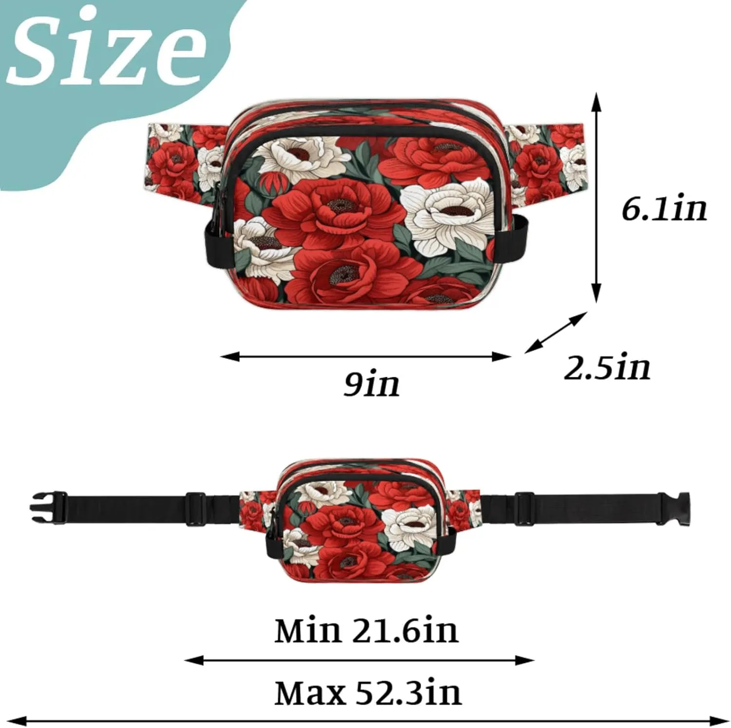 Floral Grace Waterproof Unisex Square Fanny Pack, Adjustable Waist Bag with Pockets, Sturdy Lightweight Crossbody Bag for Travel, Running, Hiking (9x6.1x2.5 Inches)