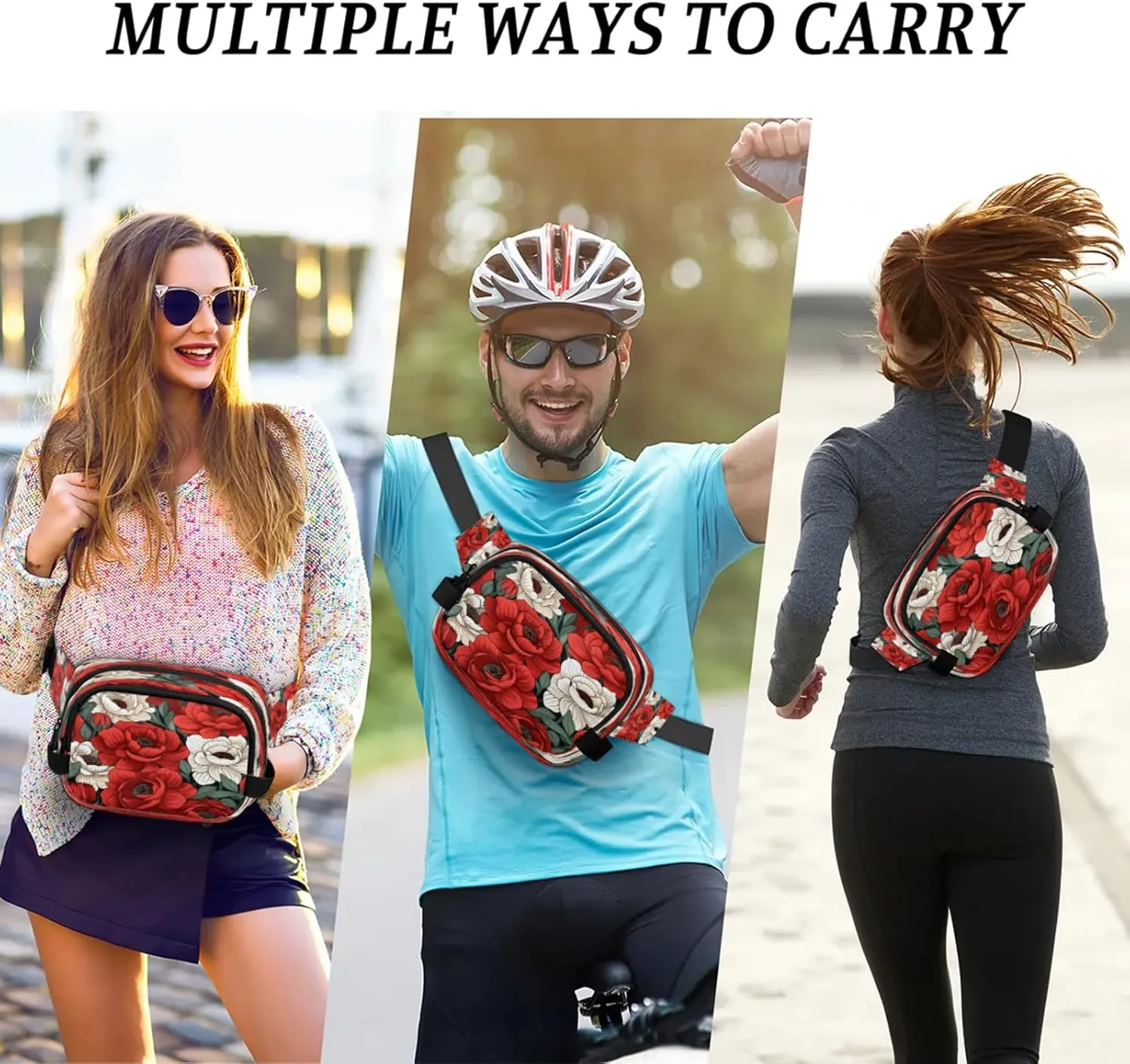 Floral Grace Waterproof Unisex Square Fanny Pack, Adjustable Waist Bag with Pockets, Sturdy Lightweight Crossbody Bag for Travel, Running, Hiking (9x6.1x2.5 Inches)