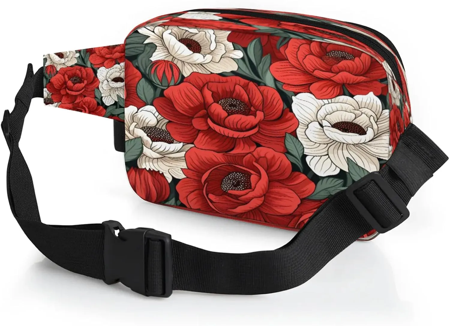 Floral Grace Waterproof Unisex Square Fanny Pack, Adjustable Waist Bag with Pockets, Sturdy Lightweight Crossbody Bag for Travel, Running, Hiking (9x6.1x2.5 Inches)