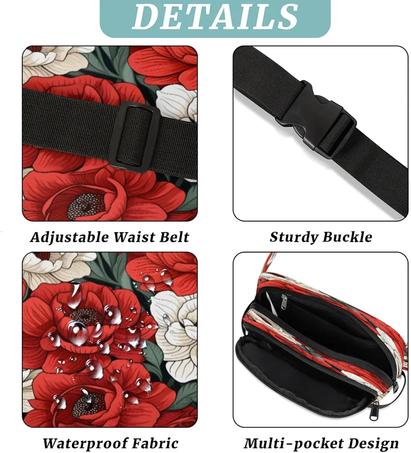 Floral Grace Waterproof Unisex Square Fanny Pack, Adjustable Waist Bag with Pockets, Sturdy Lightweight Crossbody Bag for Travel, Running, Hiking (9x6.1x2.5 Inches)