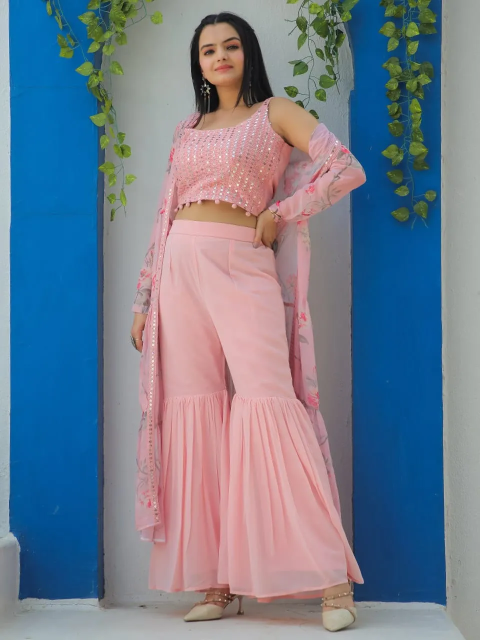 Floral Printed Georgette Sharara Suit With Shrug