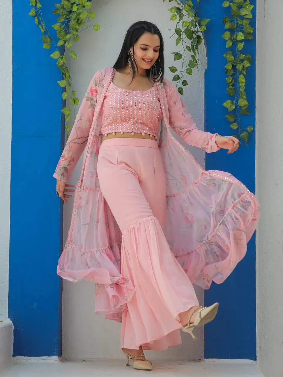 Floral Printed Georgette Sharara Suit With Shrug