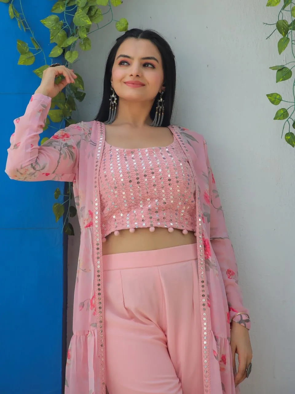Floral Printed Georgette Sharara Suit With Shrug