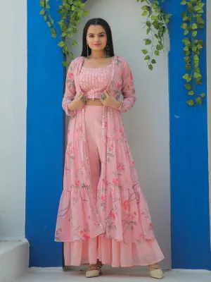 Floral Printed Georgette Sharara Suit With Shrug