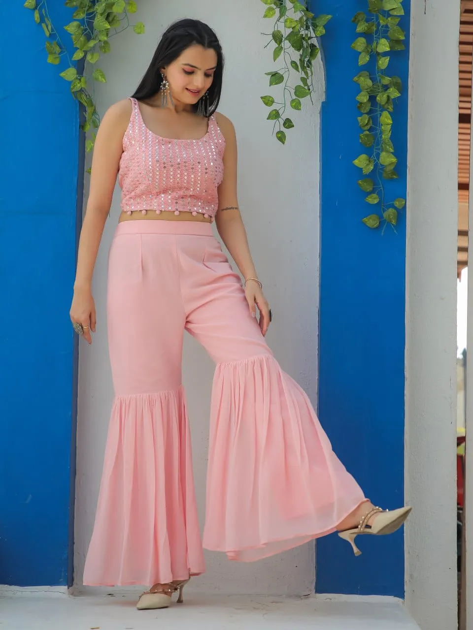 Floral Printed Georgette Sharara Suit With Shrug