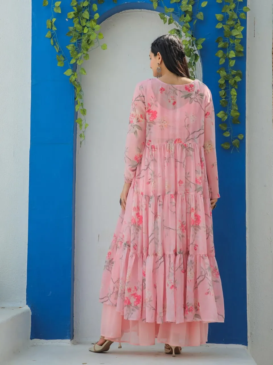 Floral Printed Georgette Sharara Suit With Shrug