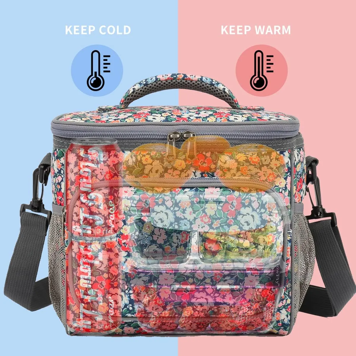 FlowFly Insulated Reusable Lunch Bag Adult Large Lunch Box for Women and Men with Adjustable Shoulder Strap,Front Zipper Pocket and Dual Large Mesh Side Pockets,Floral