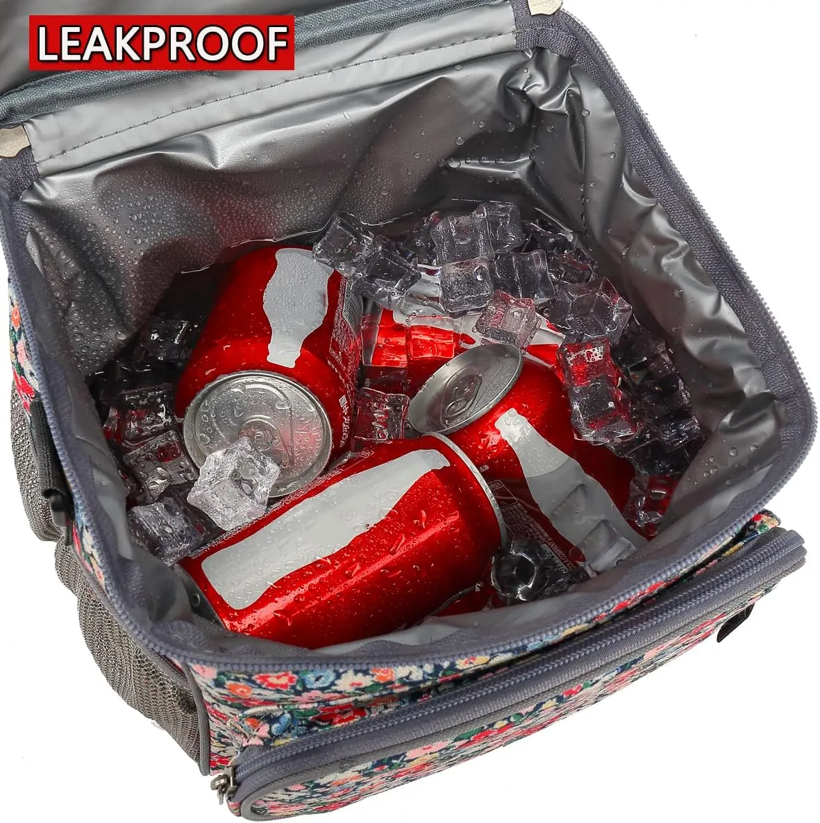FlowFly Insulated Reusable Lunch Bag Adult Large Lunch Box for Women and Men with Adjustable Shoulder Strap,Front Zipper Pocket and Dual Large Mesh Side Pockets,Floral
