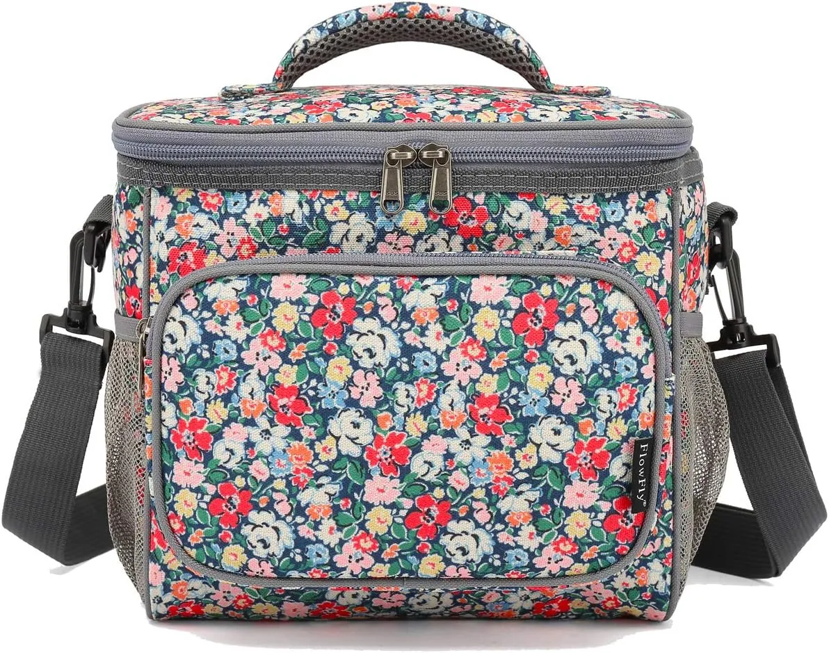 FlowFly Insulated Reusable Lunch Bag Adult Large Lunch Box for Women and Men with Adjustable Shoulder Strap,Front Zipper Pocket and Dual Large Mesh Side Pockets,Floral