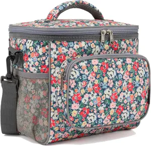FlowFly Insulated Reusable Lunch Bag Adult Large Lunch Box for Women and Men with Adjustable Shoulder Strap,Front Zipper Pocket and Dual Large Mesh Side Pockets,Floral
