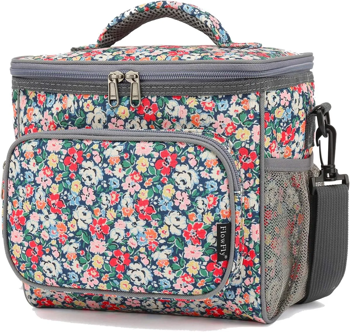 FlowFly Insulated Reusable Lunch Bag Adult Large Lunch Box for Women and Men with Adjustable Shoulder Strap,Front Zipper Pocket and Dual Large Mesh Side Pockets,Floral