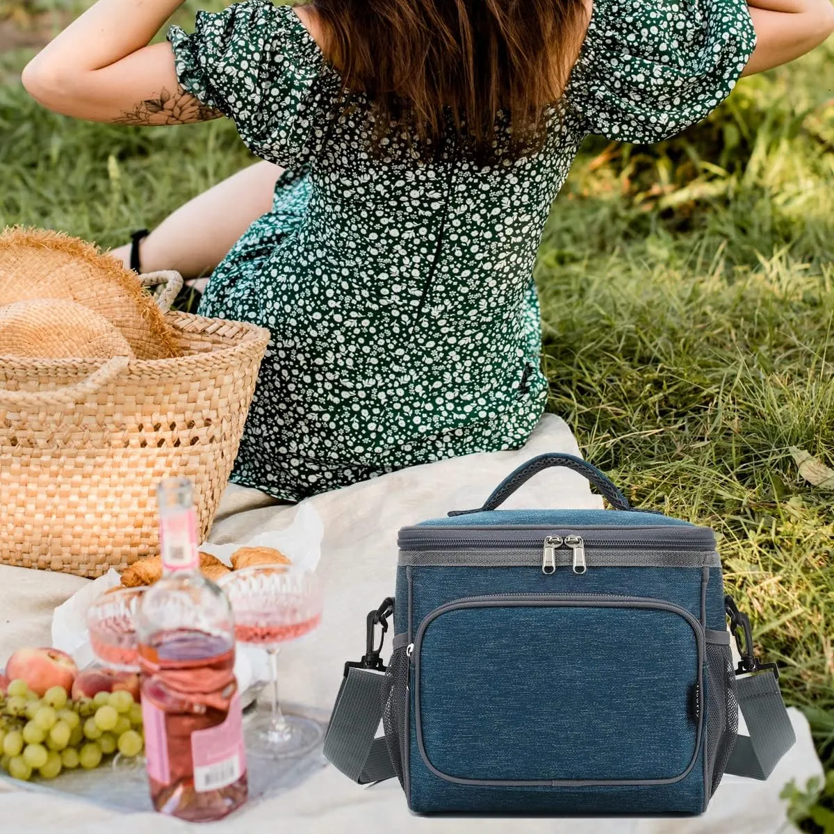 FlowFly Insulated Reusable Lunch Bag Adult Large Lunch Box for Women and Men with Adjustable Shoulder Strap,Front Zipper Pocket and Dual Large Mesh Side Pockets,Royal