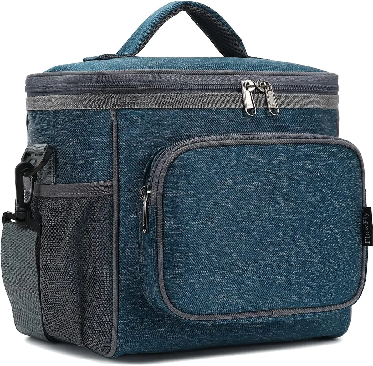 FlowFly Insulated Reusable Lunch Bag Adult Large Lunch Box for Women and Men with Adjustable Shoulder Strap,Front Zipper Pocket and Dual Large Mesh Side Pockets,Royal