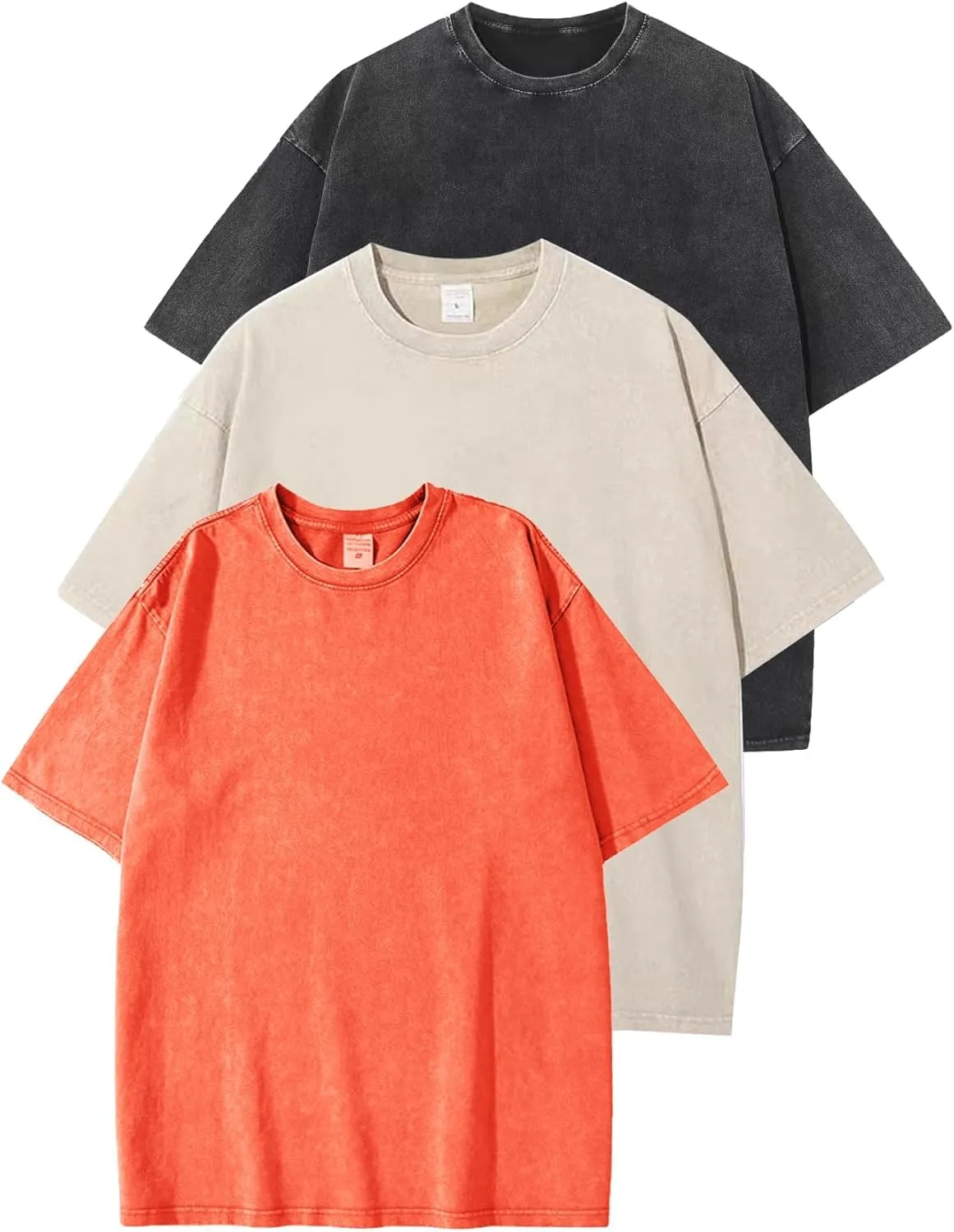Flygo 3 Pack Men Oversized T Shirts Acid Washed Unisex Tee Loose Fit Short Sleeve Casual Streetwear Baggy Basic Tops