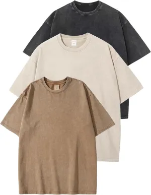 Flygo 3 Pack Men Oversized T Shirts Acid Washed Unisex Tee Loose Fit Short Sleeve Casual Streetwear Baggy Basic Tops