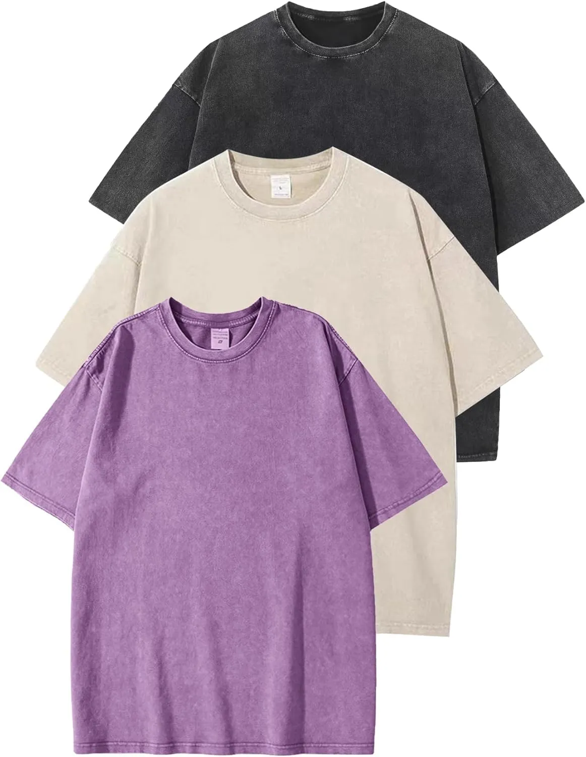 Flygo 3 Pack Men Oversized T Shirts Acid Washed Unisex Tee Loose Fit Short Sleeve Casual Streetwear Baggy Basic Tops