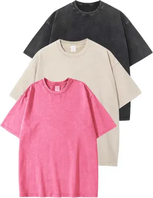 Flygo 3 Pack Men Oversized T Shirts Acid Washed Unisex Tee Loose Fit Short Sleeve Casual Streetwear Baggy Basic Tops