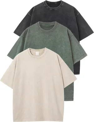 Flygo 3 Pack Men Oversized T Shirts Acid Washed Unisex Tee Loose Fit Short Sleeve Casual Streetwear Baggy Basic Tops