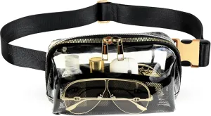 FORZAROCKET Clear Fanny Pack w/Long Strap 70" - Stadium Approved - Clear Crossbody Bag w/Extended Strap - Suitable for Stadium, Concert, Festival - Plus Size Friendly Belt Bag, Black w/Gold Hardware