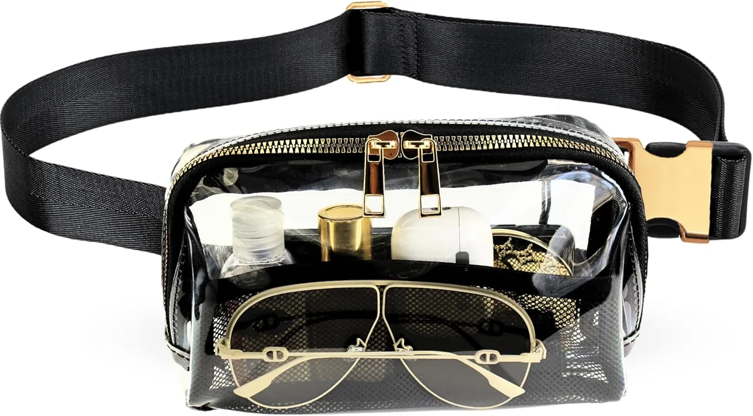 FORZAROCKET Clear Fanny Pack w/Long Strap 70" - Stadium Approved - Clear Crossbody Bag w/Extended Strap - Suitable for Stadium, Concert, Festival - Plus Size Friendly Belt Bag, Black w/Gold Hardware