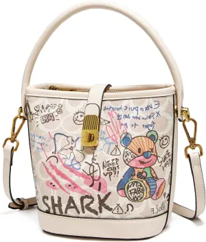 FOXLOVER Leather Bucket Crossbody Bags for Women Graffiti Top-Handle Handbags Small Satchel Purse Trendy Twist Lock