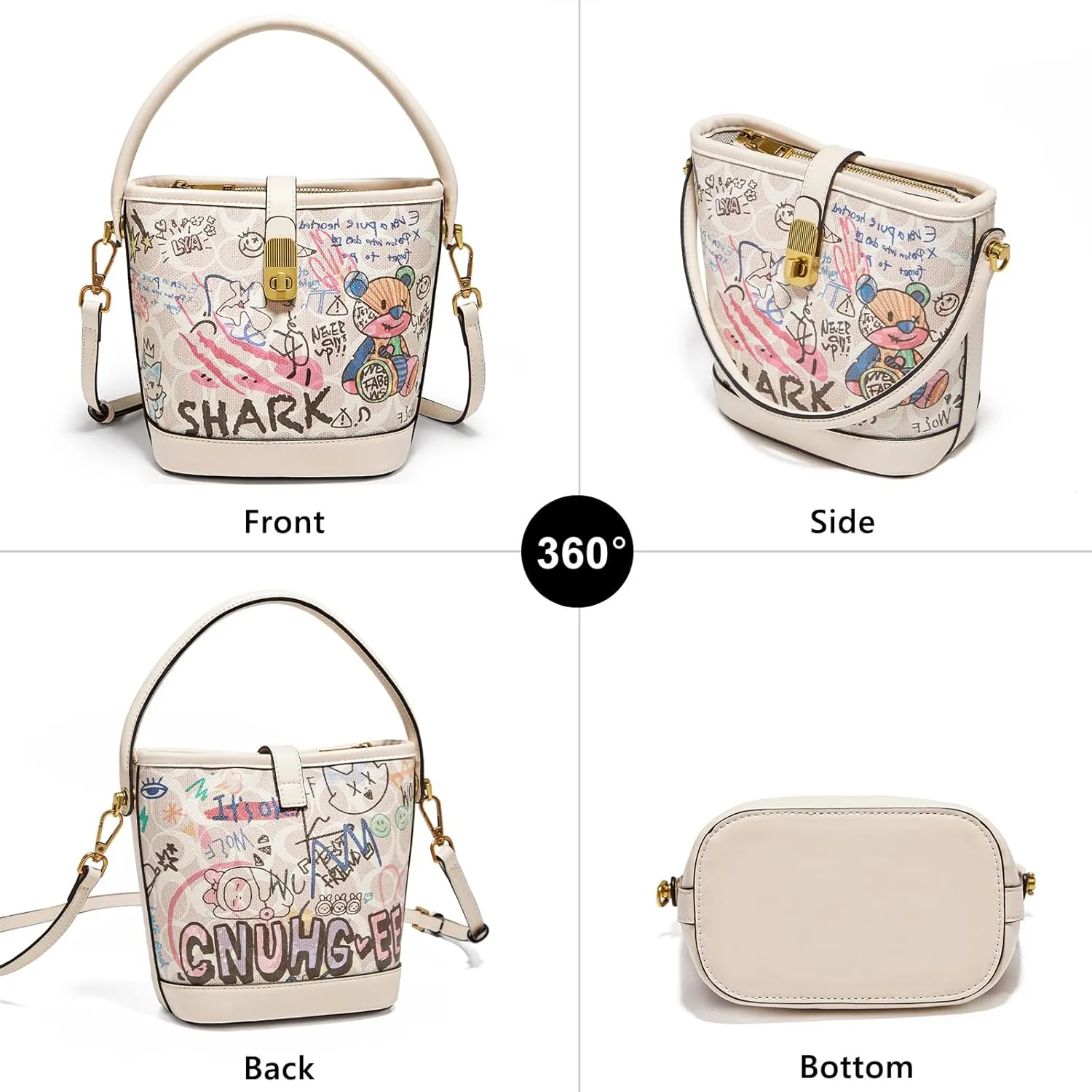 FOXLOVER Leather Bucket Crossbody Bags for Women Graffiti Top-Handle Handbags Small Satchel Purse Trendy Twist Lock