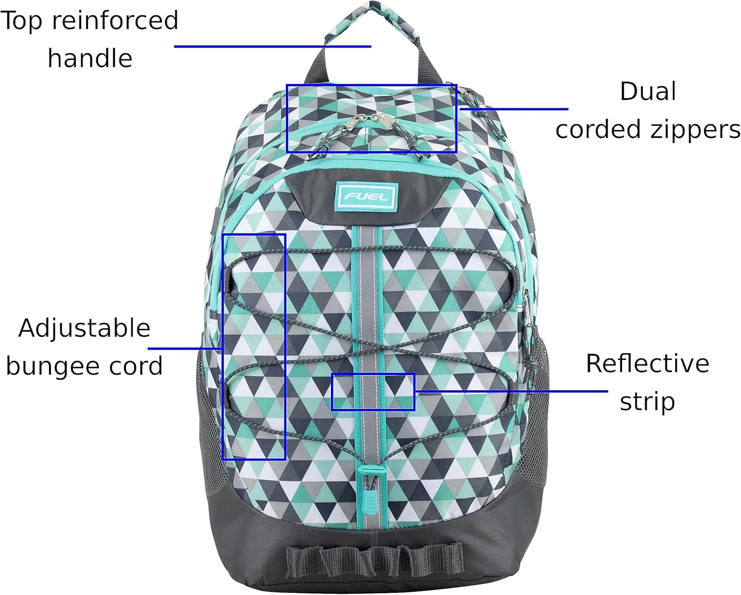 FUEL Hiking Backpack for Women Men Terra Sport, Travel, College, Gym, Work with Laptop Sleeve, Bungee, 18 Inches, Blue Diamond Crystal