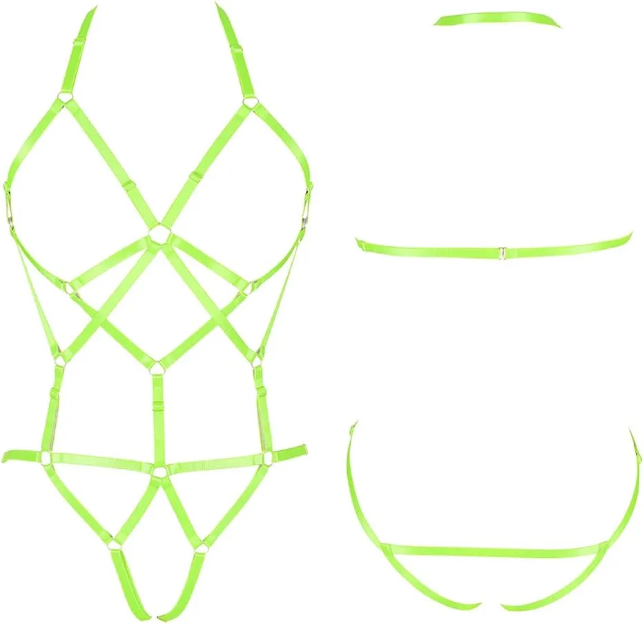 Full body harness bra Women's lingerie cage set Punk gothic garter belt Chest strap Festival rave Stretchy fabric Plus size