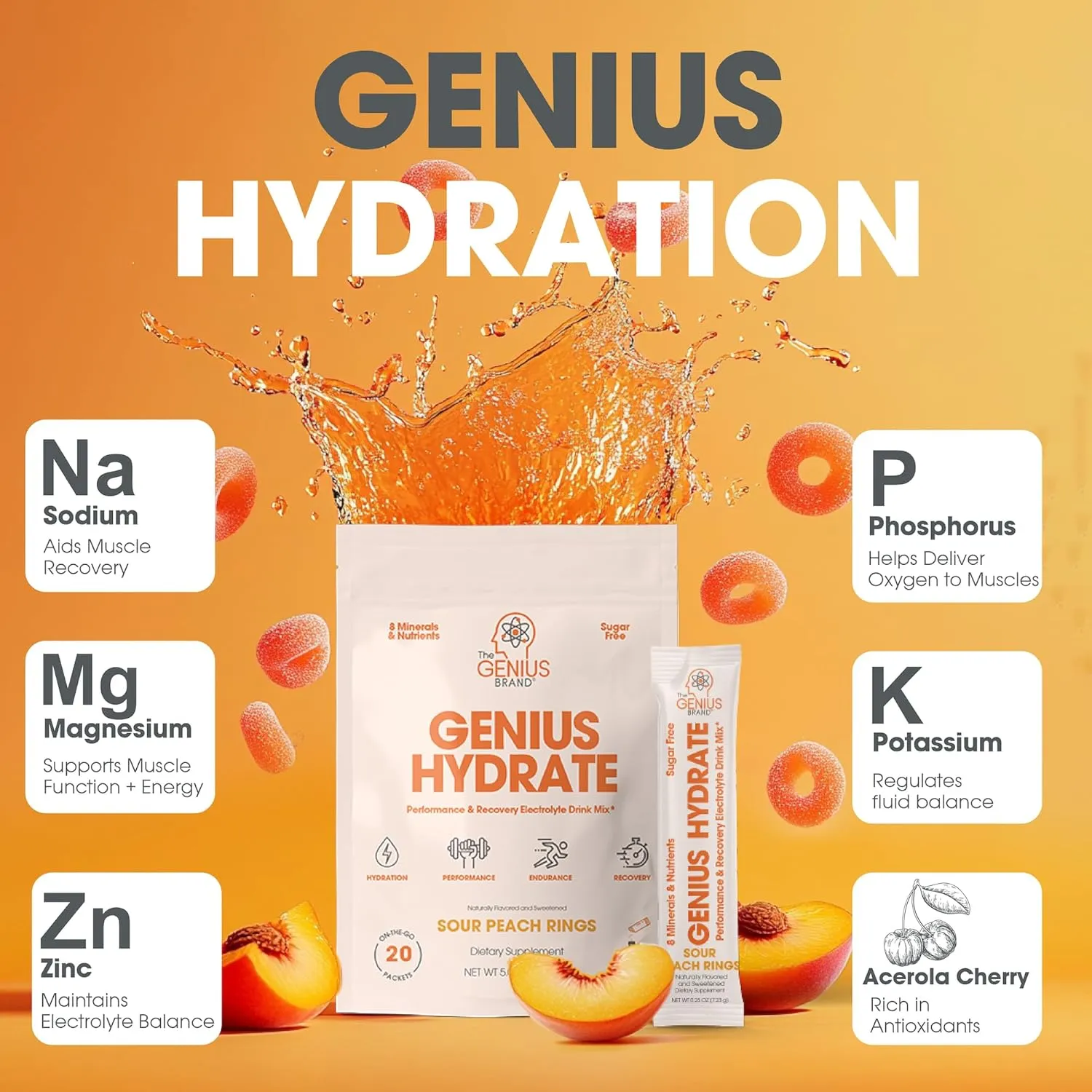 Genius Hydrate Sour Peach Rings Stick Packs 20ct