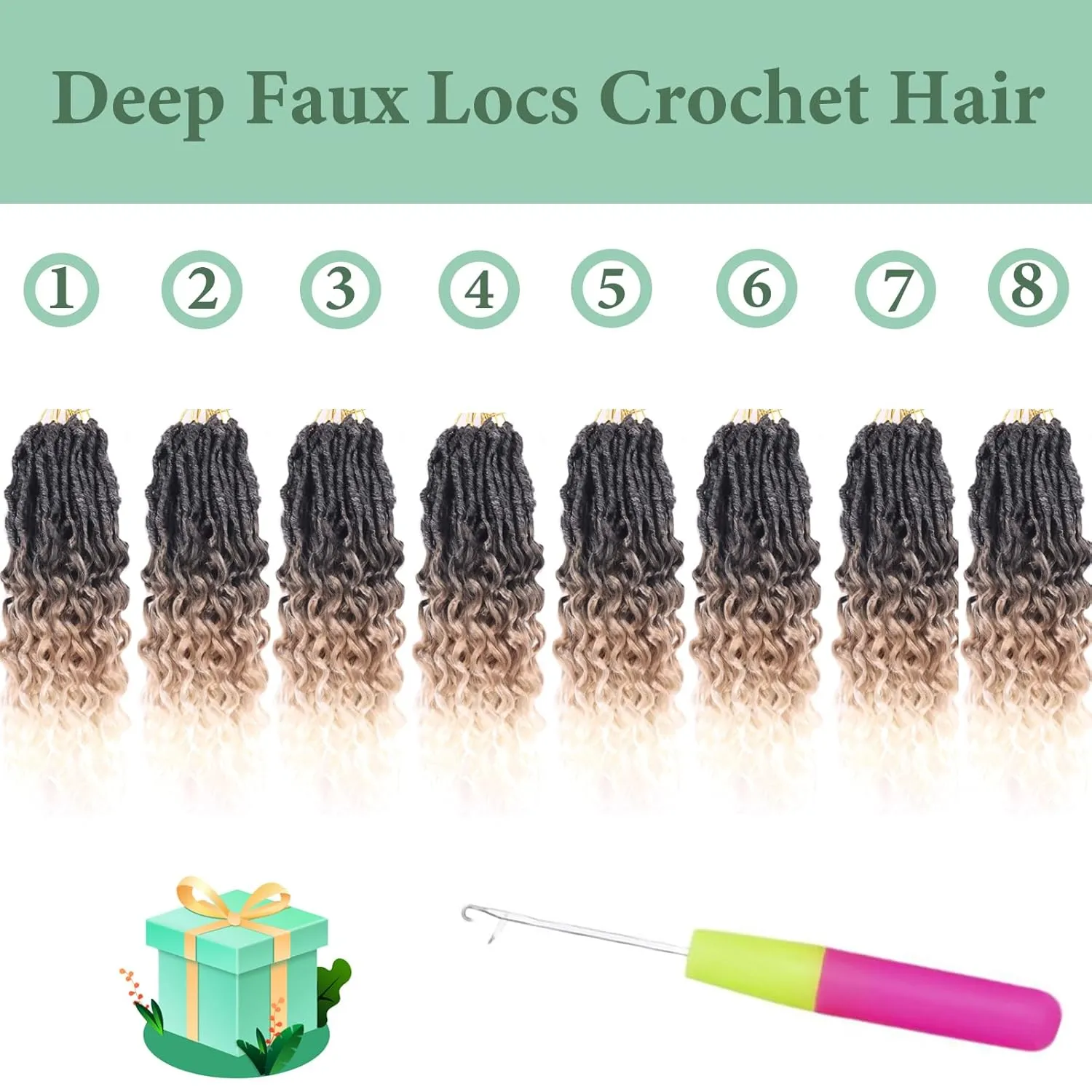Goddess Locs Crochet Hair 14 Inch 8 Packs with Curly Ends Soft Locs Pre Looped Faux Locs Crochet Hair for Black Women Deep Wave Crochet Braids with Curly Ends (Black to Beige)