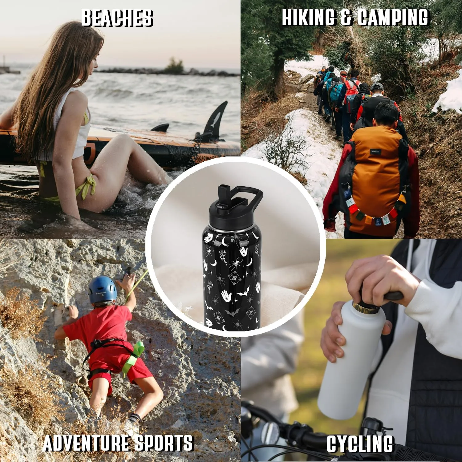 Goth Water Bottle with Straws Double Walled Vacuum Insulated Sports Bottle Goth Bats Travel Thermal Cup Leak Proof Stainless Steel Tumbler Witchy Decor Gifts-32 OZ