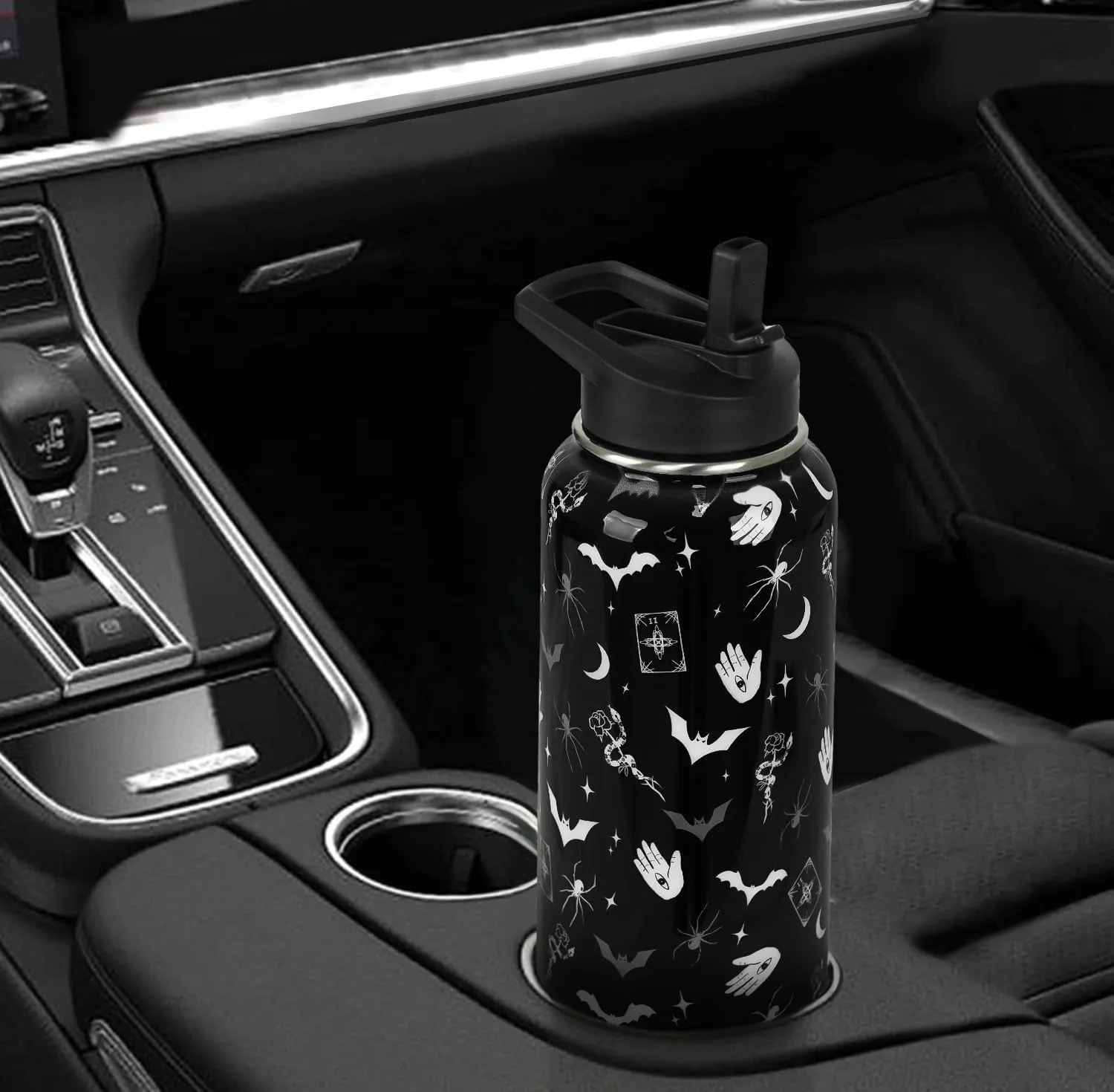 Goth Water Bottle with Straws Double Walled Vacuum Insulated Sports Bottle Goth Bats Travel Thermal Cup Leak Proof Stainless Steel Tumbler Witchy Decor Gifts-32 OZ