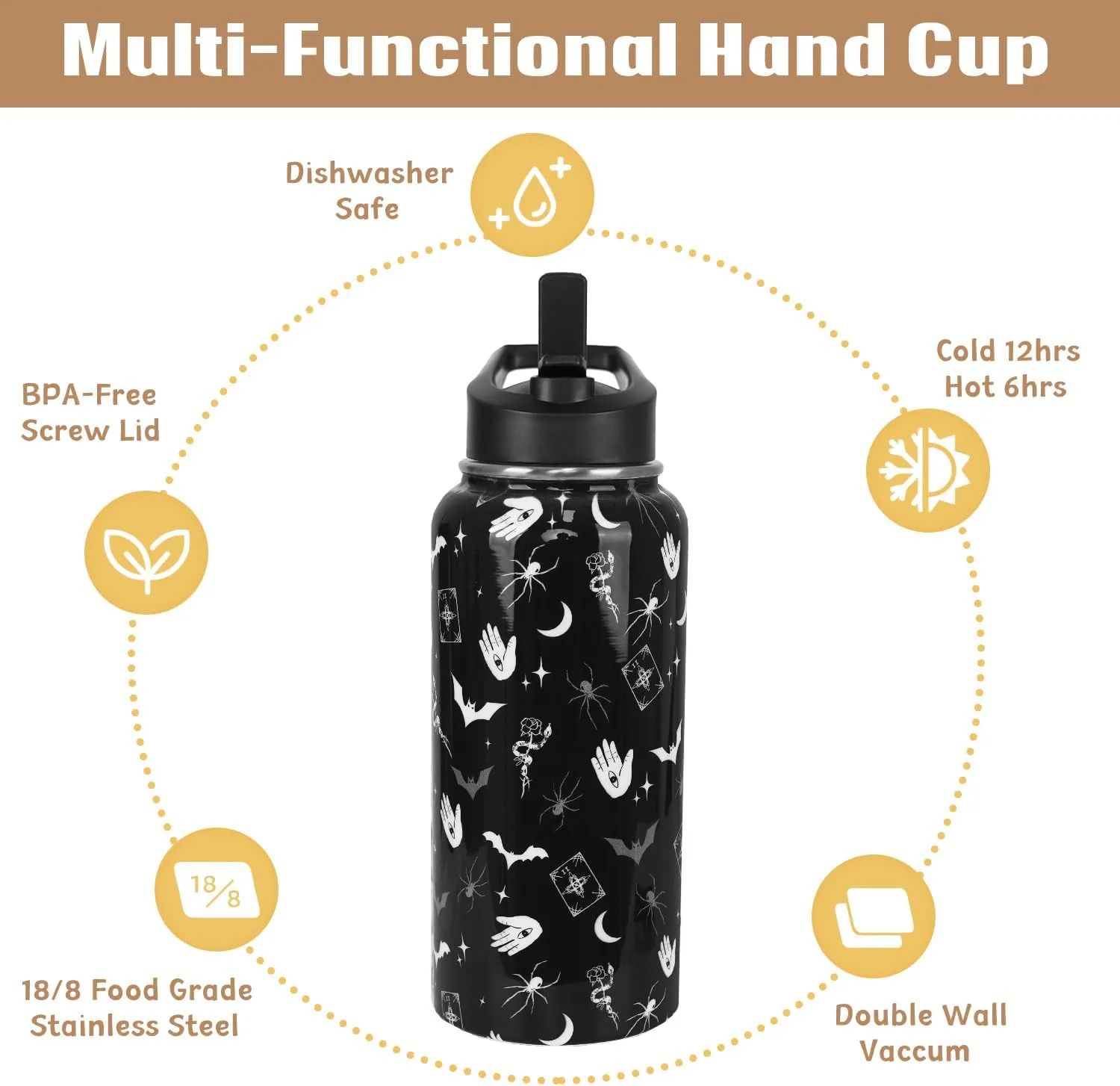 Goth Water Bottle with Straws Double Walled Vacuum Insulated Sports Bottle Goth Bats Travel Thermal Cup Leak Proof Stainless Steel Tumbler Witchy Decor Gifts-32 OZ