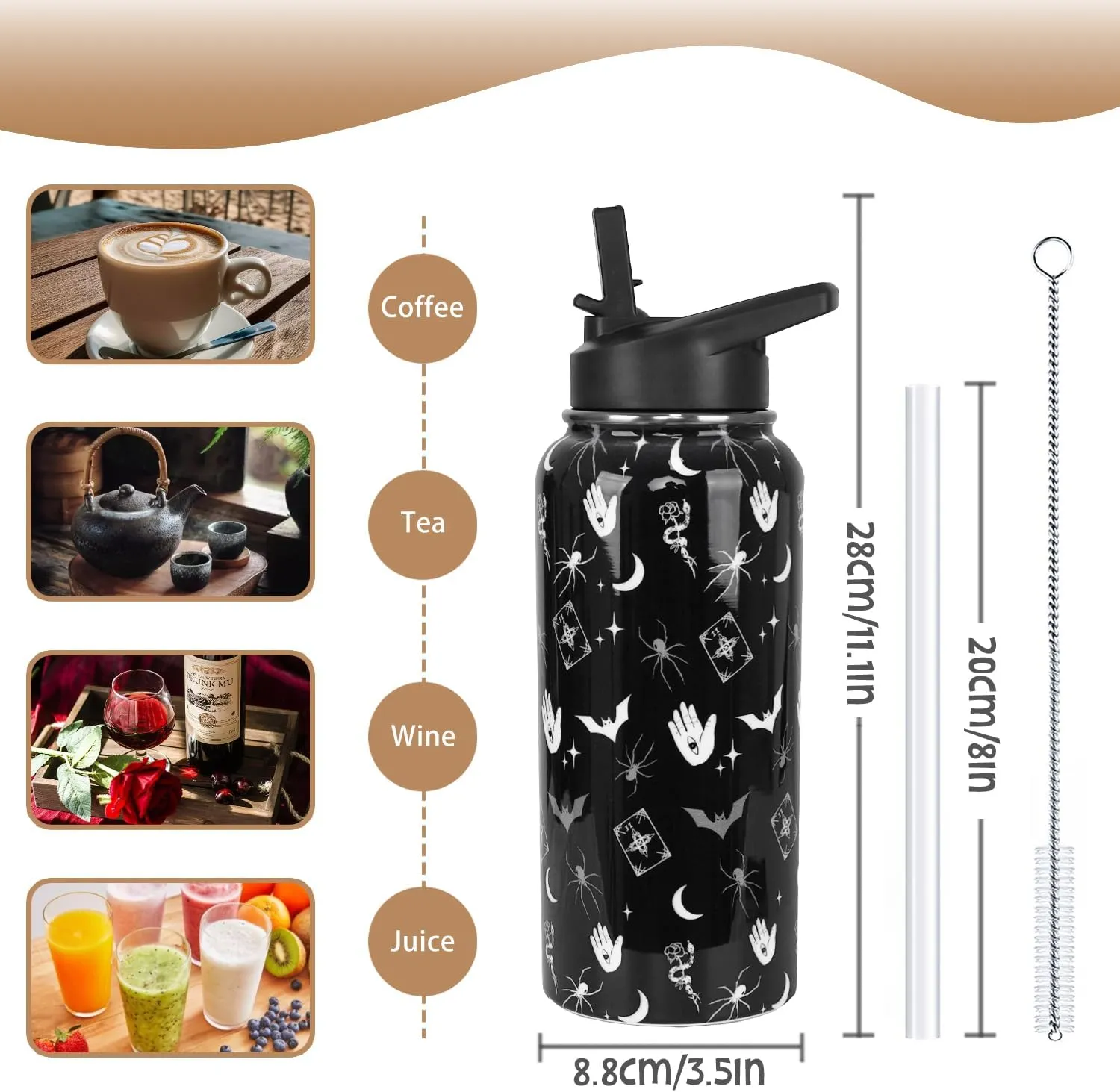 Goth Water Bottle with Straws Double Walled Vacuum Insulated Sports Bottle Goth Bats Travel Thermal Cup Leak Proof Stainless Steel Tumbler Witchy Decor Gifts-32 OZ