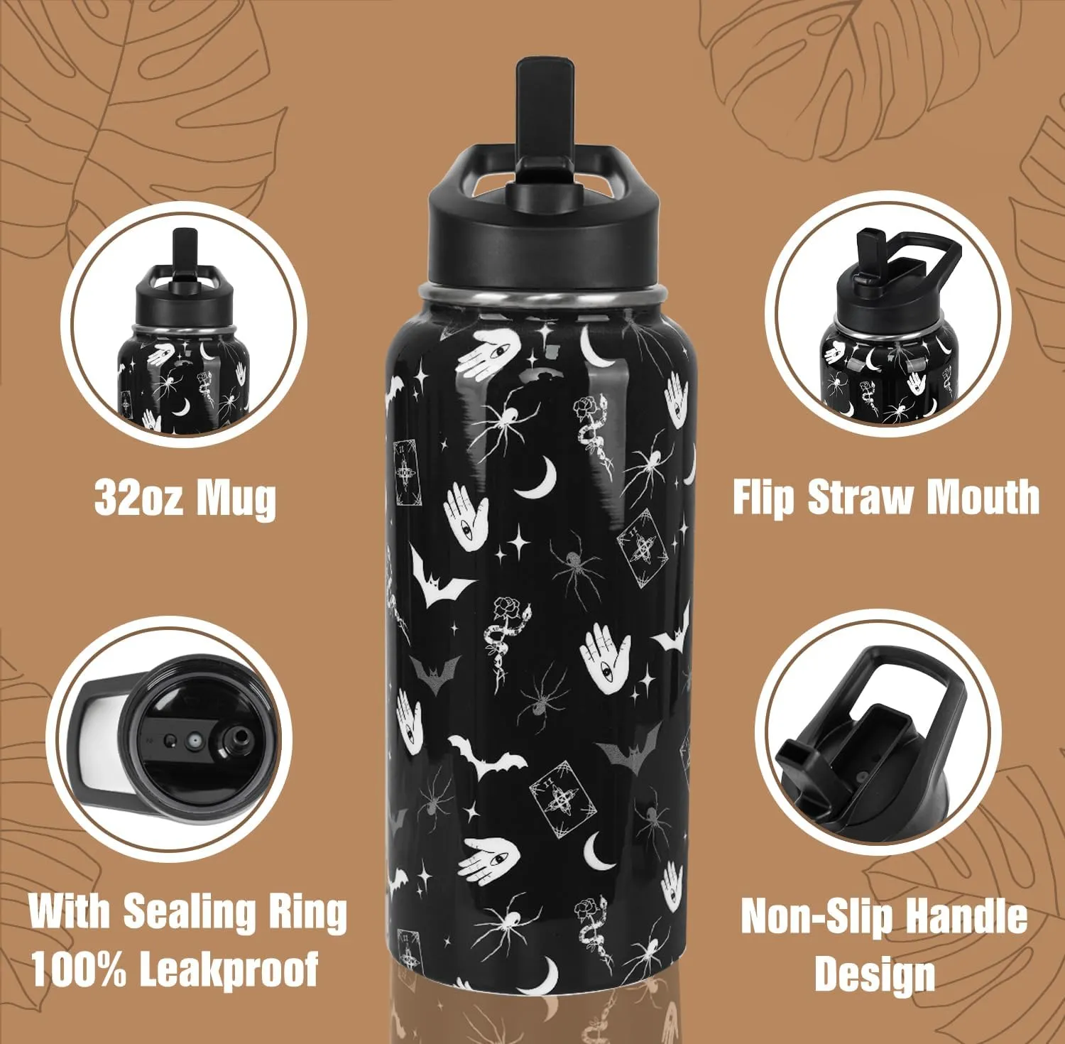 Goth Water Bottle with Straws Double Walled Vacuum Insulated Sports Bottle Goth Bats Travel Thermal Cup Leak Proof Stainless Steel Tumbler Witchy Decor Gifts-32 OZ
