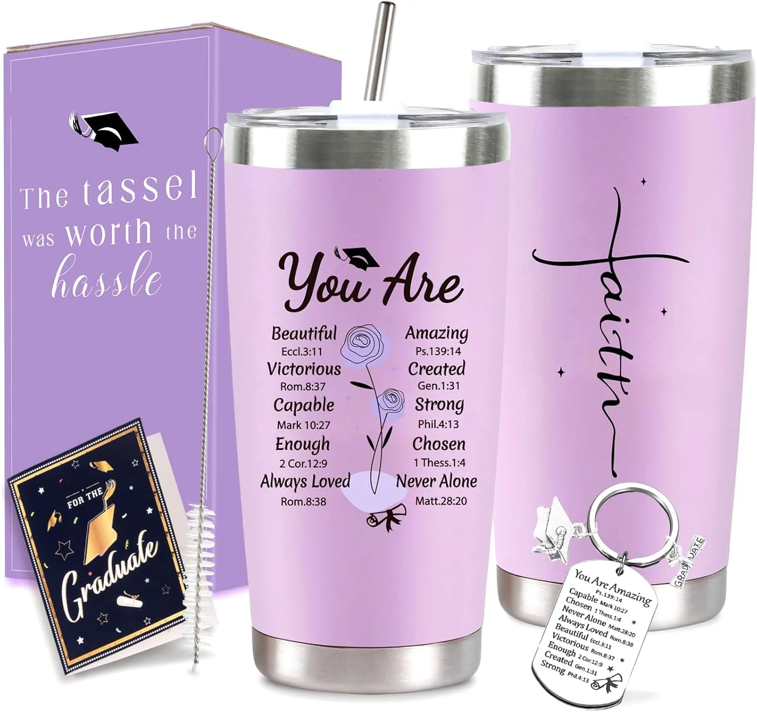 Graduation Gifts for Her 2025, 20 oz Purple Religious Faith Stainless Steel Graduation Tumbler Cup with Lid, Straw, Brush, Keychain and Card Set for Class of 2025 College, High School Female Graduates