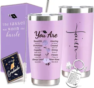 Graduation Gifts for Her 2025, 20 oz Purple Religious Faith Stainless Steel Graduation Tumbler Cup with Lid, Straw, Brush, Keychain and Card Set for Class of 2025 College, High School Female Graduates