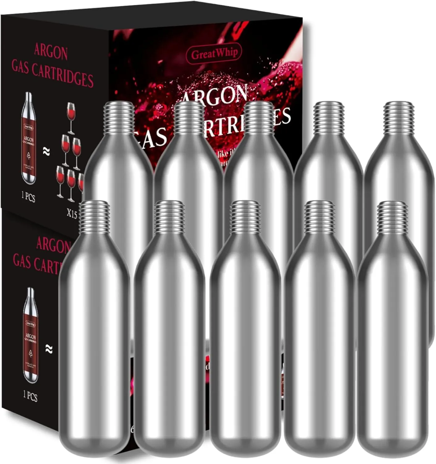 GreatWhip 20 Packs Argon Gas Capsules Cartridges Compatible with Wine Preservation Systems for Wine Preservation Pure Argon Capsules for Champagne and All Other Sparkling Wines(2 Boxes)