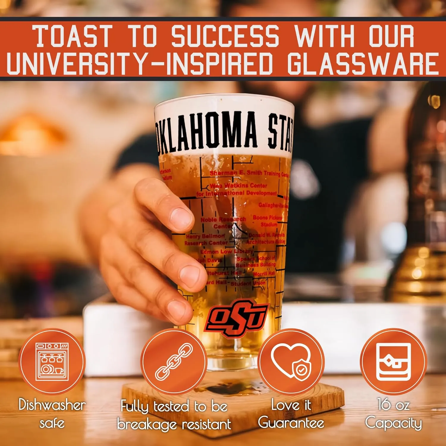 Greenline Goods Oklahoma State University Pint Beer Glasses Set of 2 - Full Color OSU Pete Logo & Campus Map – Oklahoma State Cowboys Gift Idea for College Grads & Alumni - College Glassware
