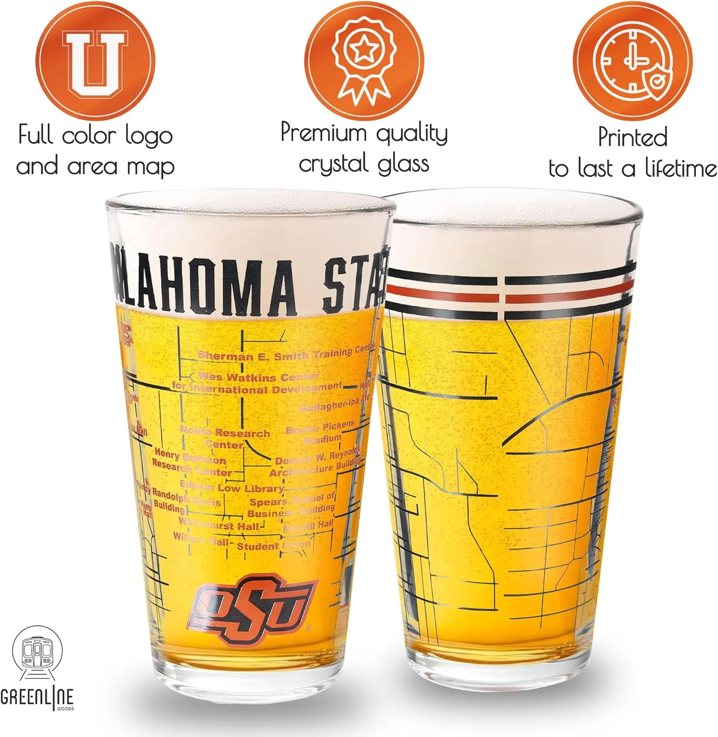 Greenline Goods Oklahoma State University Pint Beer Glasses Set of 2 - Full Color OSU Pete Logo & Campus Map – Oklahoma State Cowboys Gift Idea for College Grads & Alumni - College Glassware
