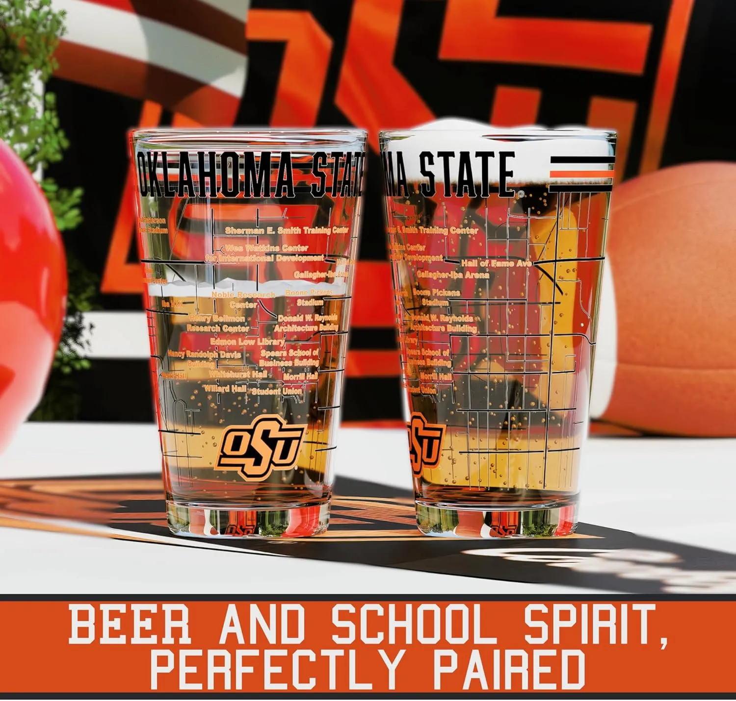 Greenline Goods Oklahoma State University Pint Beer Glasses Set of 2 - Full Color OSU Pete Logo & Campus Map – Oklahoma State Cowboys Gift Idea for College Grads & Alumni - College Glassware