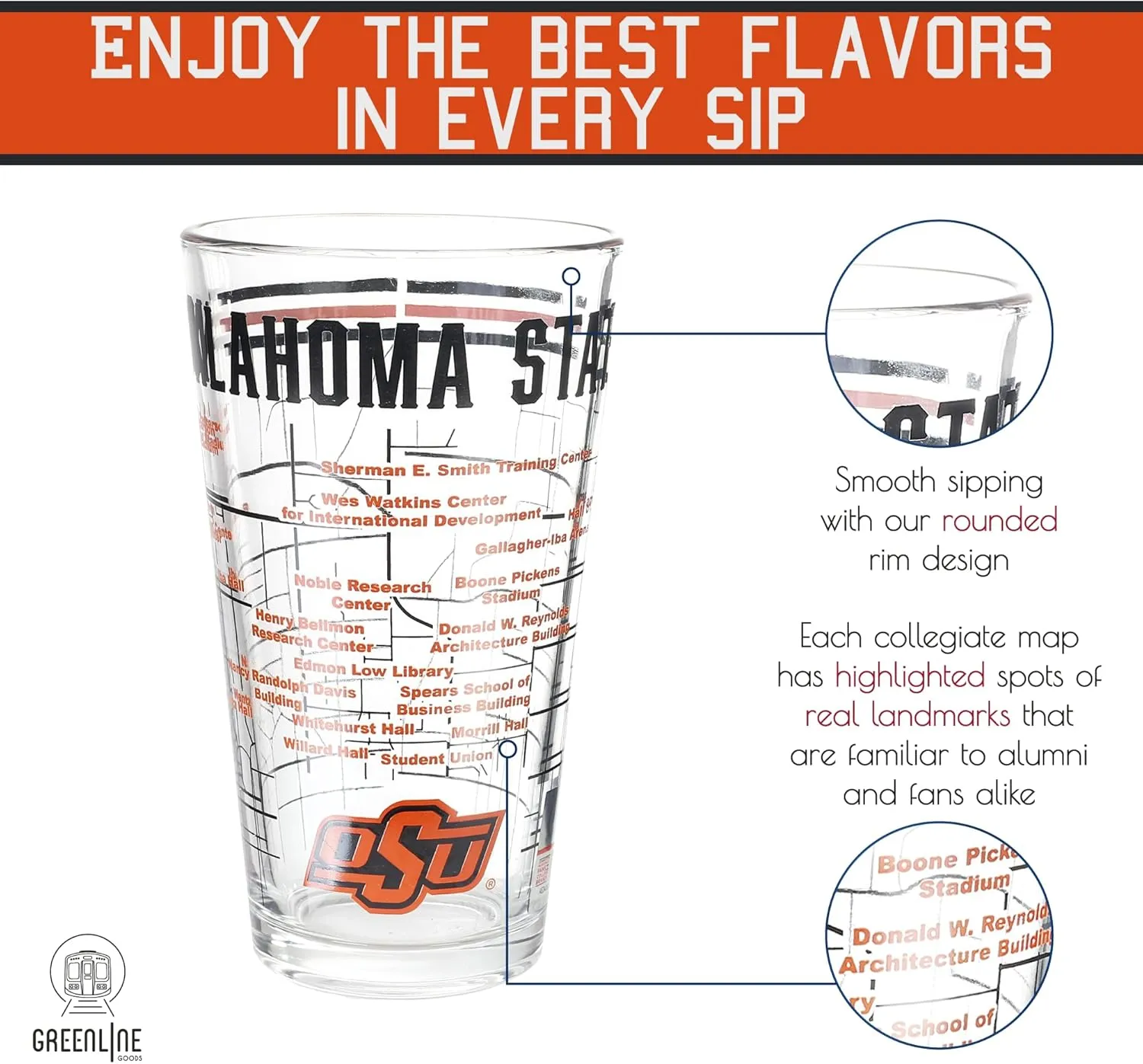 Greenline Goods Oklahoma State University Pint Beer Glasses Set of 2 - Full Color OSU Pete Logo & Campus Map – Oklahoma State Cowboys Gift Idea for College Grads & Alumni - College Glassware