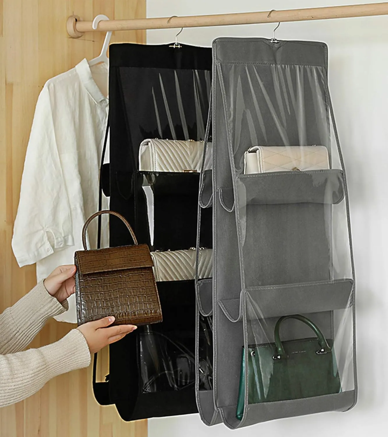 Handbag Storage Hanging Purse Organizer Bedroom Organization Dust-Proof Holder Bag for Wardrobe Closet (Grey-2Pack)