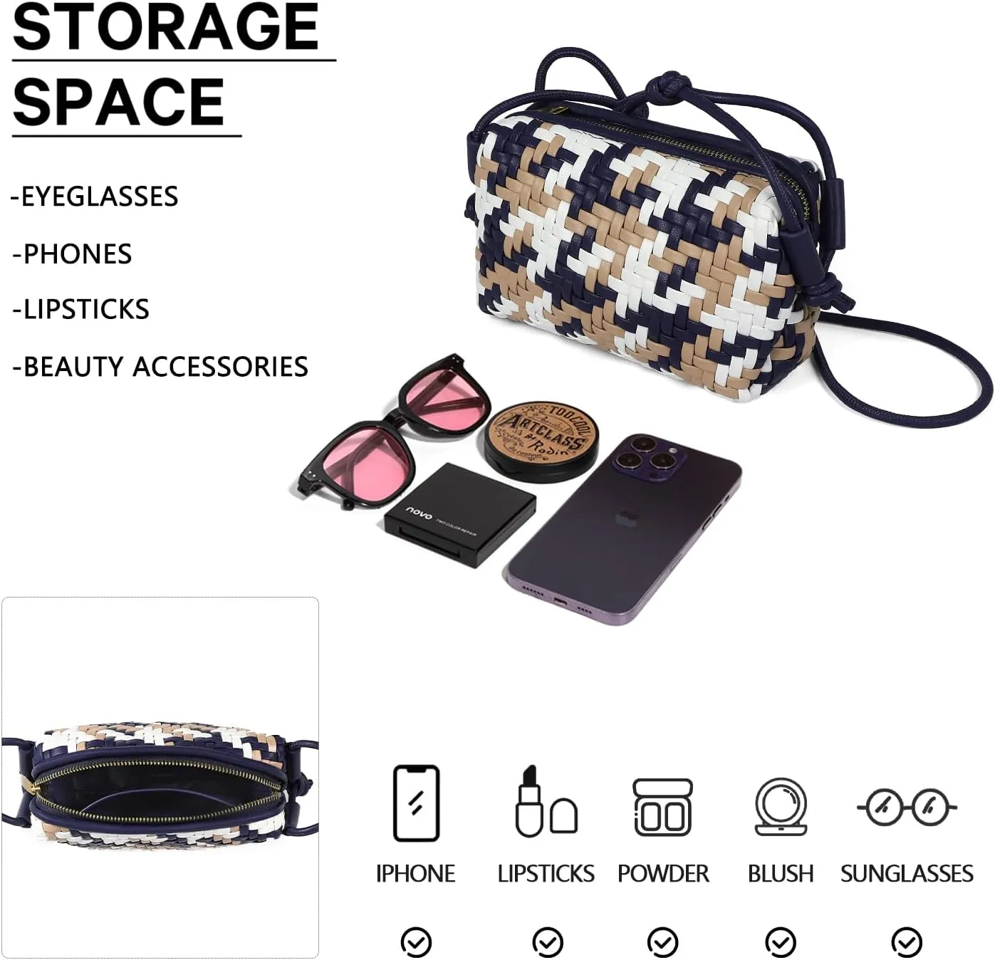 Handwoven Crossbody Bag for Women, Shoulder Purse with Adjustable Strap Lightweight Summer Festival Bag Gift