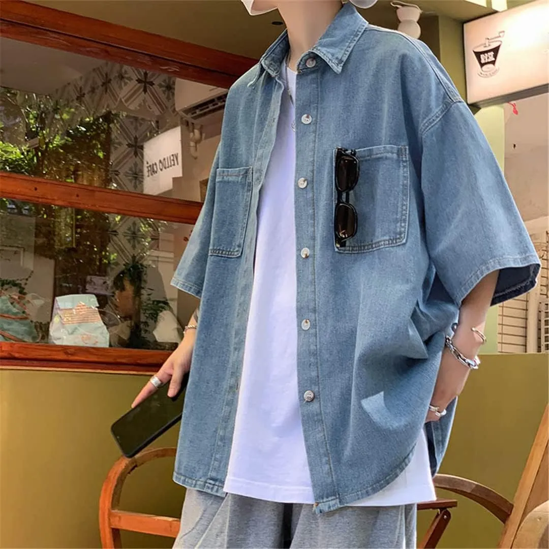 Harajuku High Street Denim Shirts for Men Oversized Streetwear Denim Clothes Short Sleeve Shirts Couples Unisex Tops