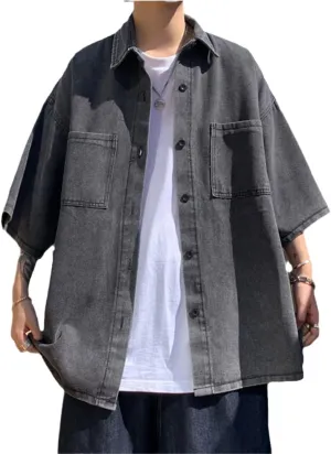 Harajuku High Street Denim Shirts for Men Oversized Streetwear Denim Clothes Short Sleeve Shirts Couples Unisex Tops