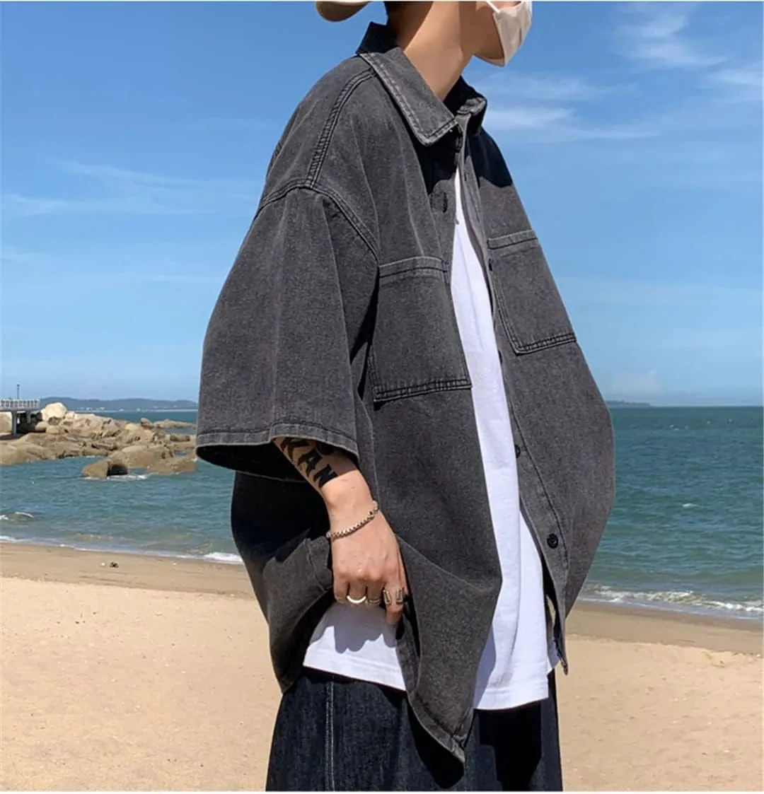 Harajuku High Street Denim Shirts for Men Oversized Streetwear Denim Clothes Short Sleeve Shirts Couples Unisex Tops
