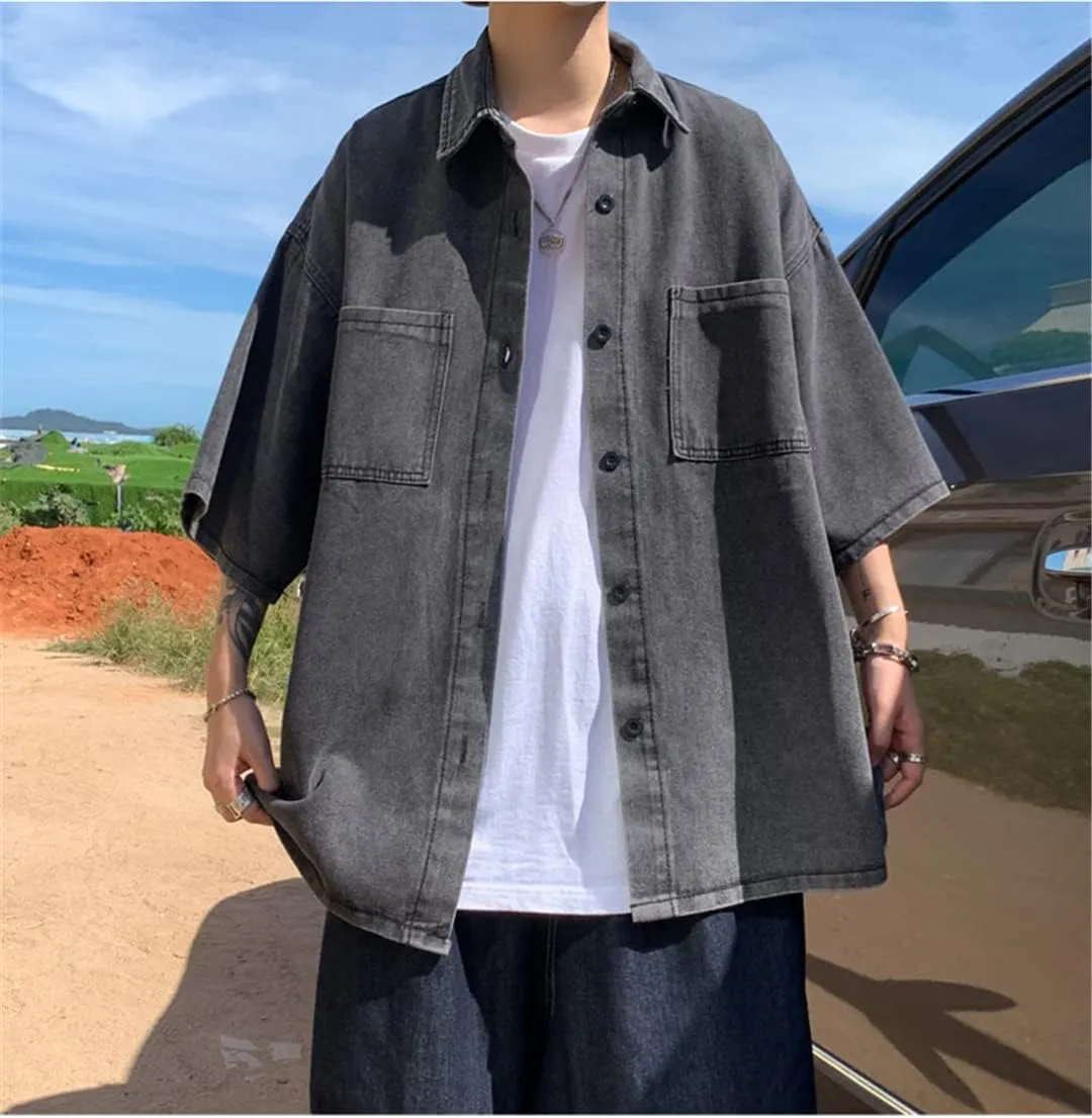 Harajuku High Street Denim Shirts for Men Oversized Streetwear Denim Clothes Short Sleeve Shirts Couples Unisex Tops