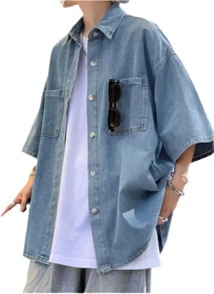 Harajuku High Street Denim Shirts for Men Oversized Streetwear Denim Clothes Short Sleeve Shirts Couples Unisex Tops